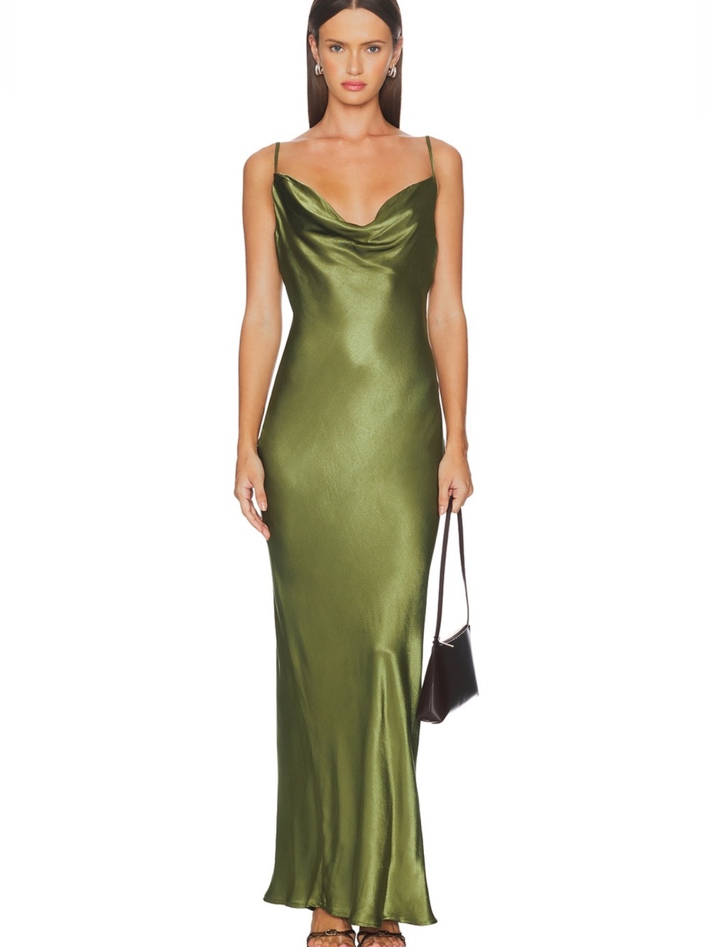 Olive Satin Cowl Neck Slip Dress
